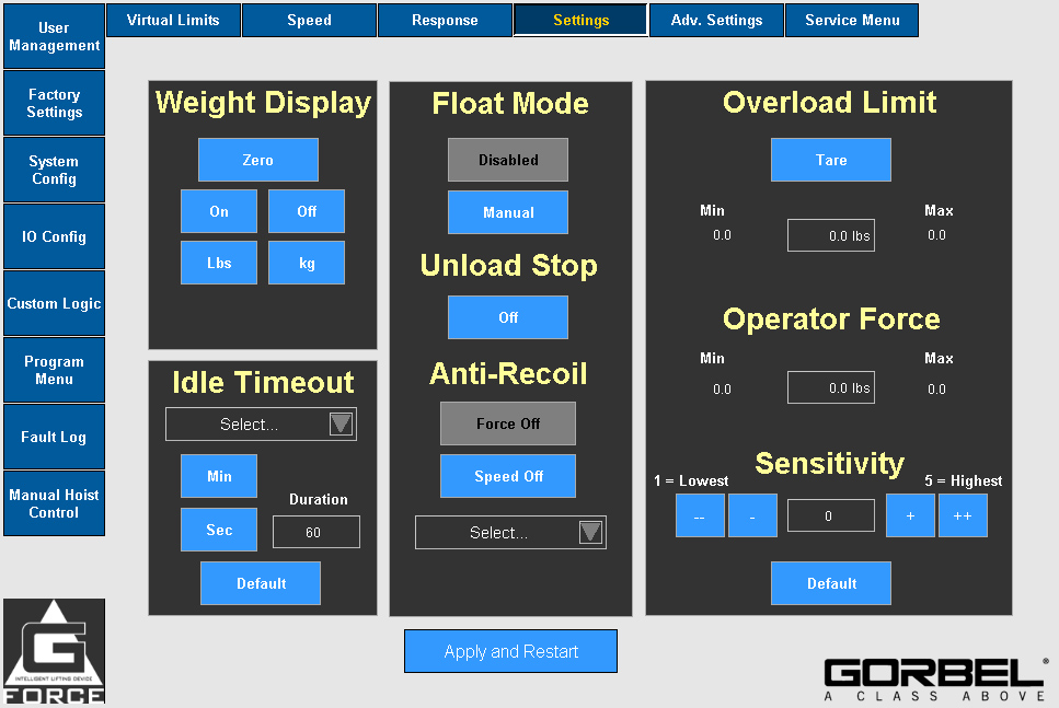 Settings Menu (Menú de configuración) de G-Force G-Link